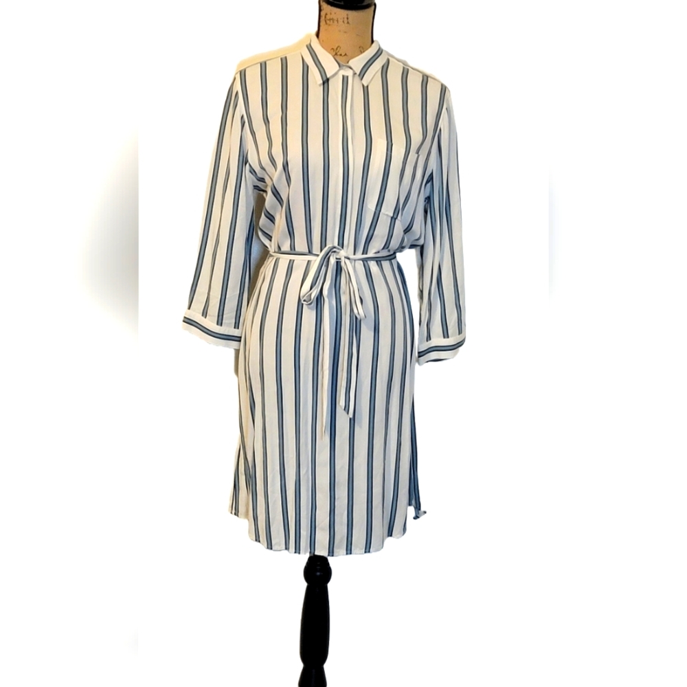 Loft Striped Shirt Button Belted Midi Dress - Picture 3 of 9
